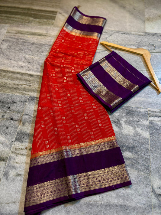 Red & Purple Pure Chinia Silk Saree with Gold Zari Border | Contrast Blouse