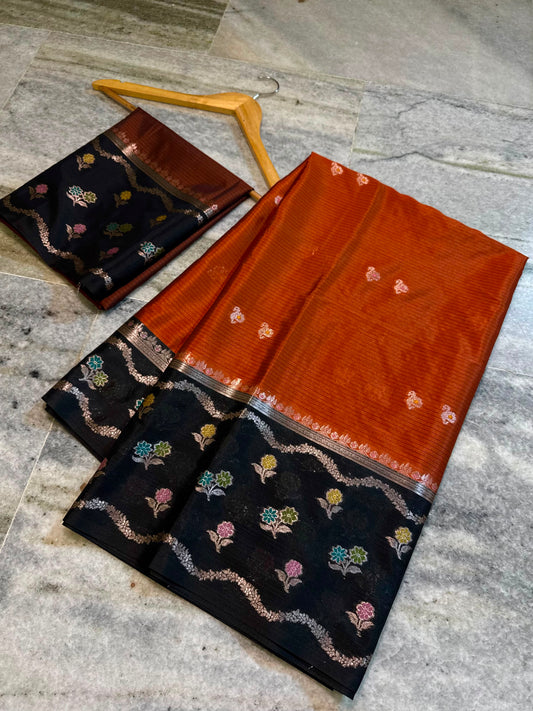 Rust Orange & Black Banarasi Soft Katan Silk Saree with Meenakari Floral Border