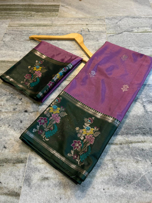 Onion Pink & Dark Green Soft Silk Saree with Meenakari Floral Border