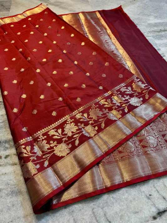 Crimson Red Soft Silk Saree with Gold & Silver Floral Zari Weaving