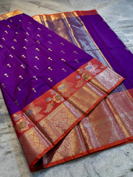 Royal Purple Soft Silk Saree with Orange Contrast Border & Meenakari Floral Lotus Zari Weaving
