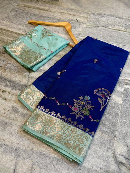 Royal Blue Raw Mango Silk Saree with Pastel Mint Green Border & Meenakari Floral Weaving
