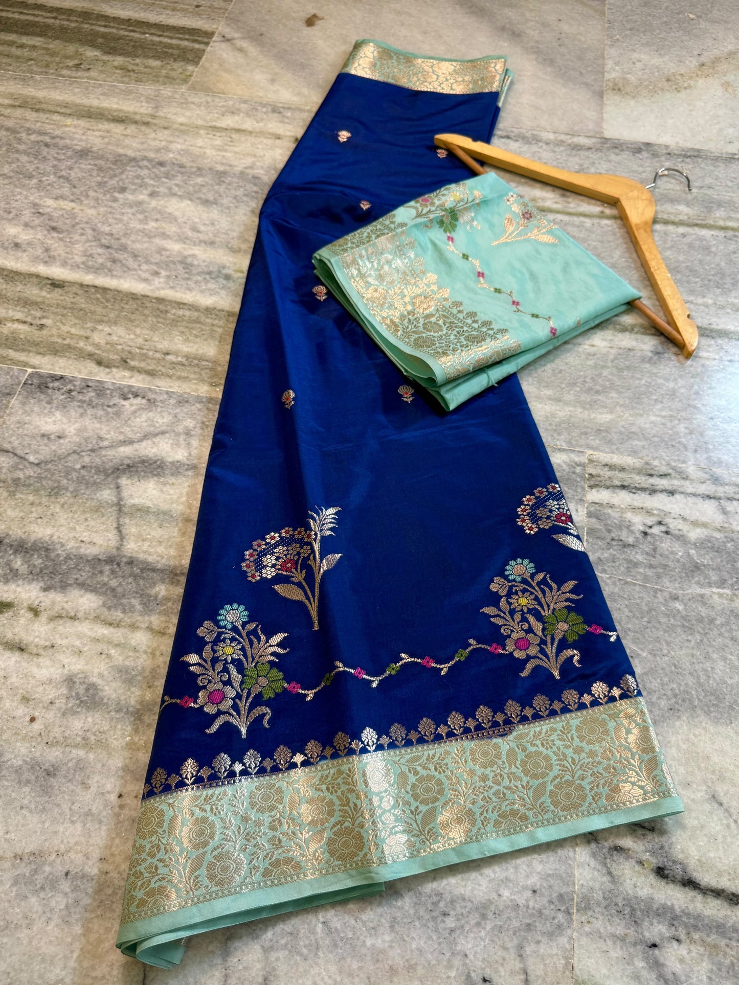 Royal Blue Raw Mango Silk Saree with Pastel Mint Green Border & Meenakari Floral Weaving
