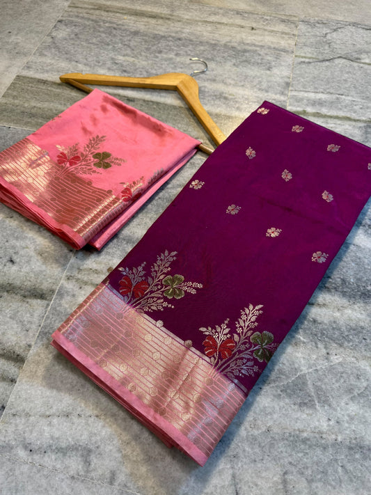 Magenta Pink Raw Mango Silk Saree with Baby Pink Border & Meenakari Floral Weaving