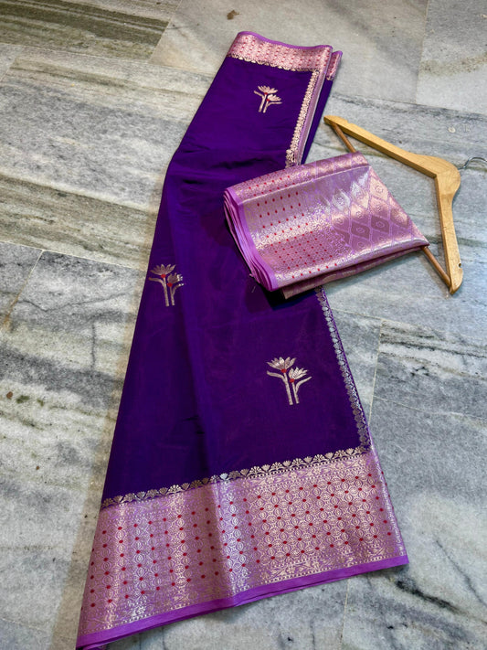 Deep Purple Dupion Silk Saree with Soft Lavender Border & Meenakari Floral Motifs