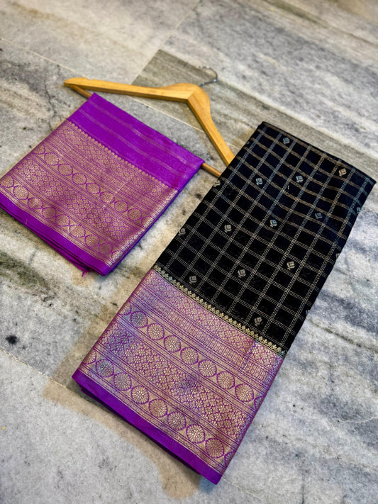 Black & Royal Purple Chiniya Silk Saree with Zari Grid Checks & Motif Border