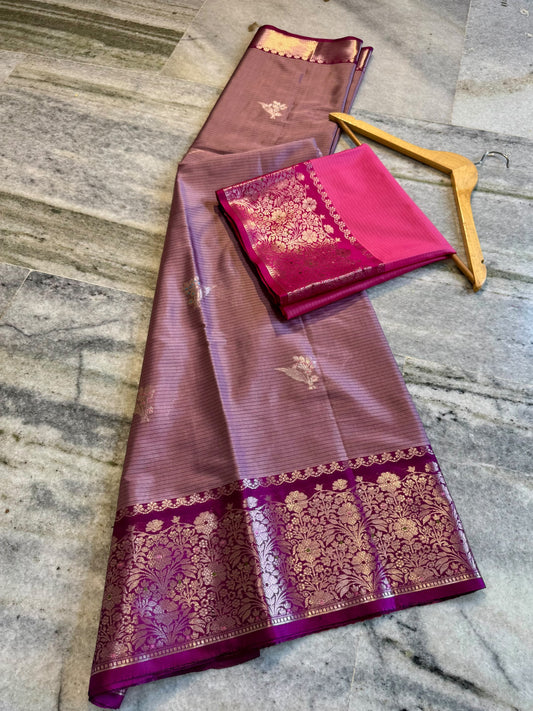 Dusty Mauve Soft Silk Saree with Rich Magenta Floral Zari Border