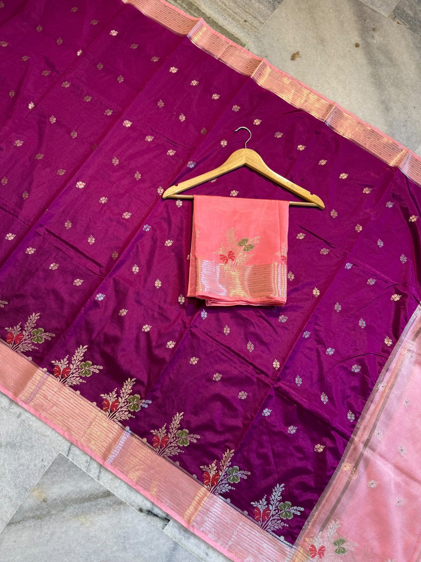 Magenta Pink Raw Mango Silk Saree with Baby Pink Border & Meenakari Floral Weaving