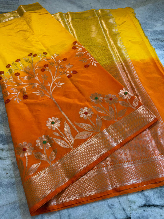 Mustard Yellow & Orange Dual-Tone Raw Mango Silk Saree with Floral Tree Zari Weaving