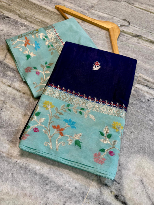 Navy Blue Raw Mango Silk Saree with Mint Green Meenakari Floral Border