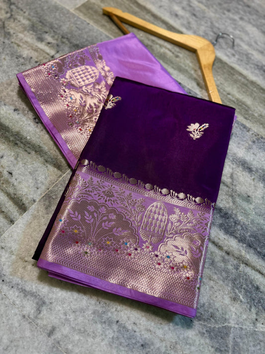 Deep Purple Raw Mango Silk Saree with Lavender Border & Meenakari Zari Work