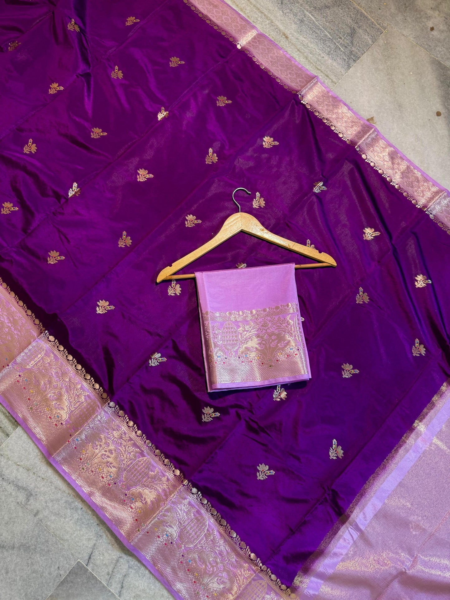 Deep Purple Raw Mango Silk Saree with Lavender Border & Meenakari Zari Work
