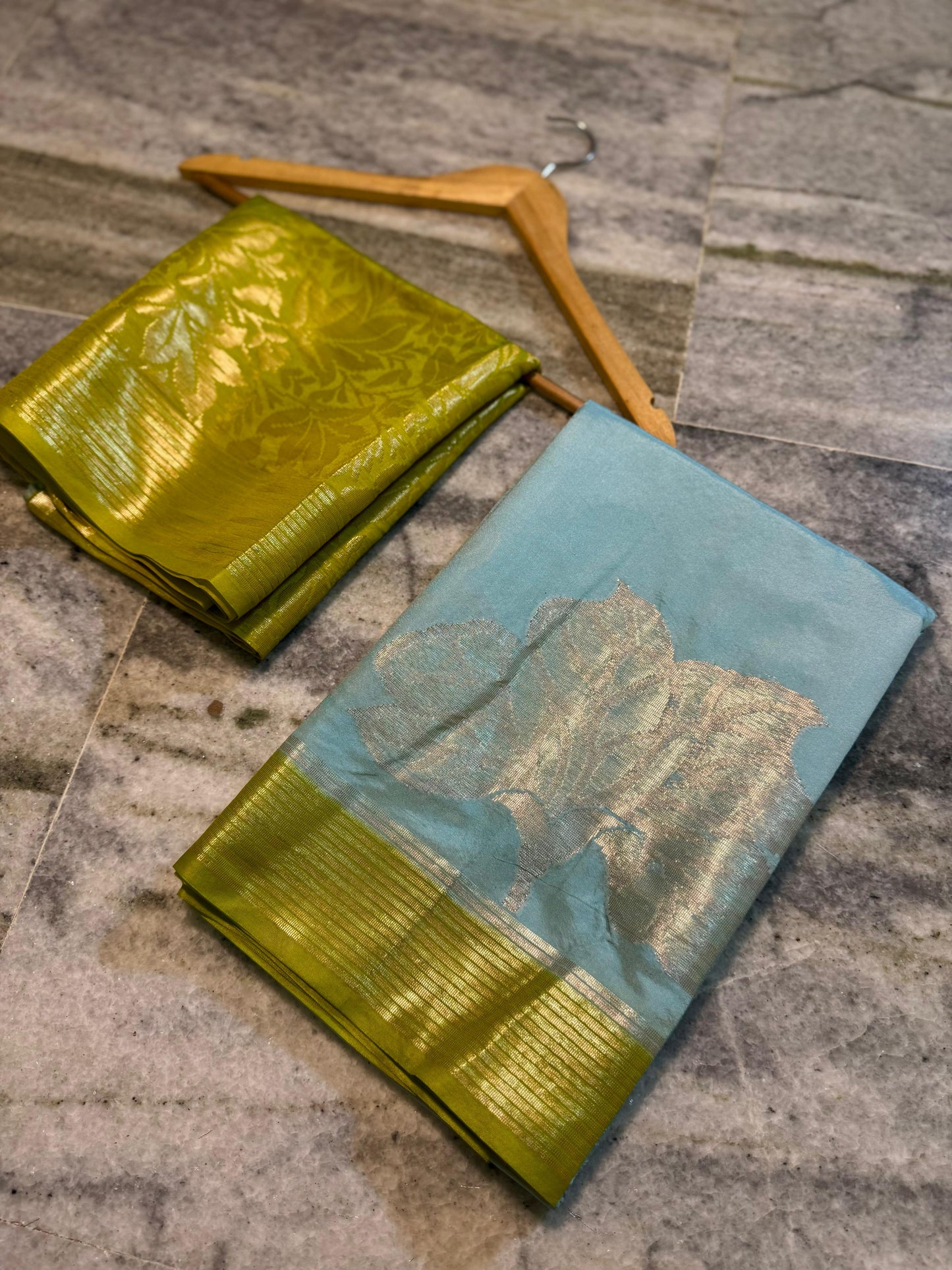 Powder Blue Dupion Silk Saree with Olive Green Border & Gold Zari Leaf Motifs
