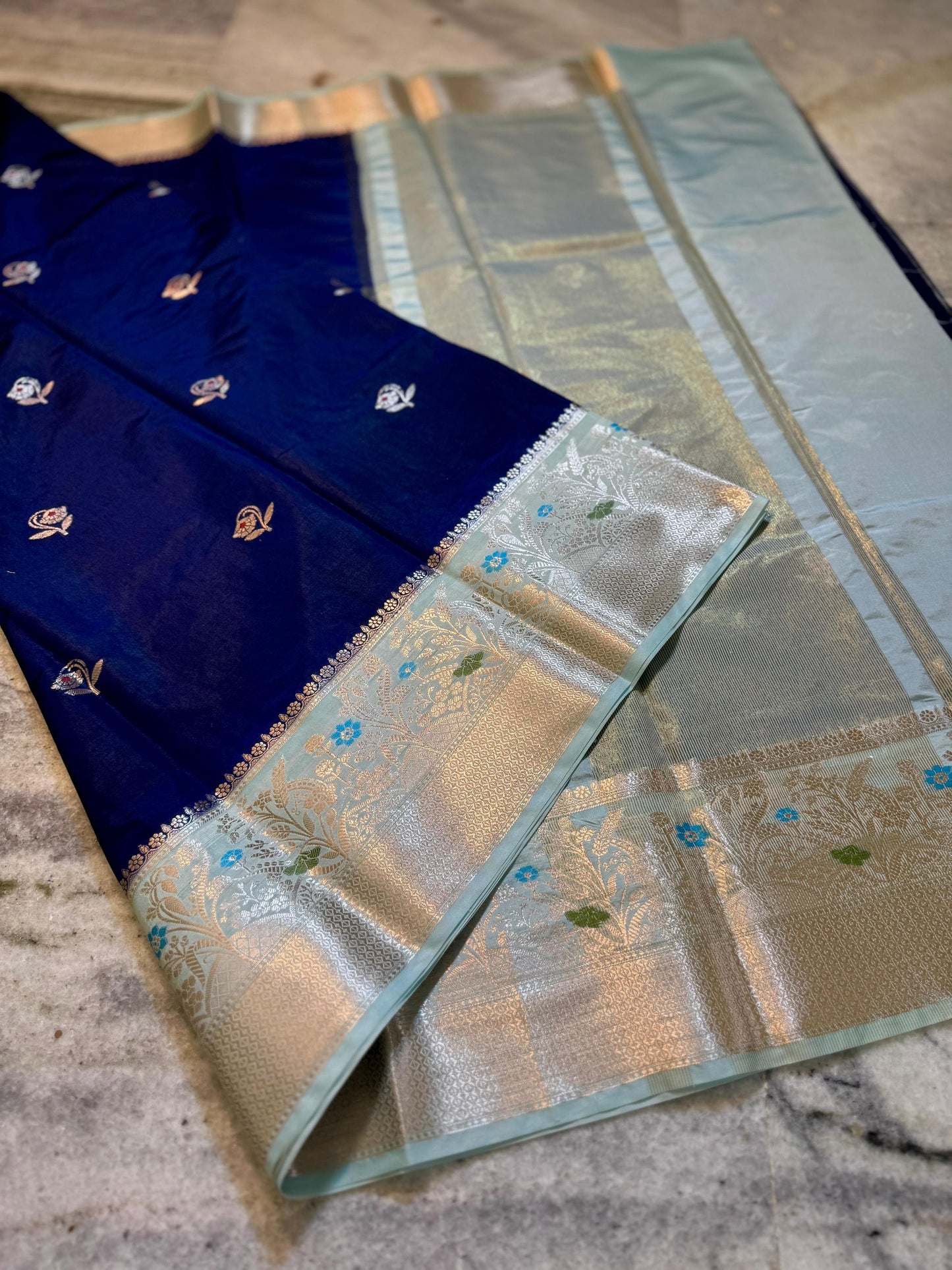 Royal Navy Blue Dupion Silk Saree with Ice Blue Border & Rose Gold Zari Meenakari Weaving