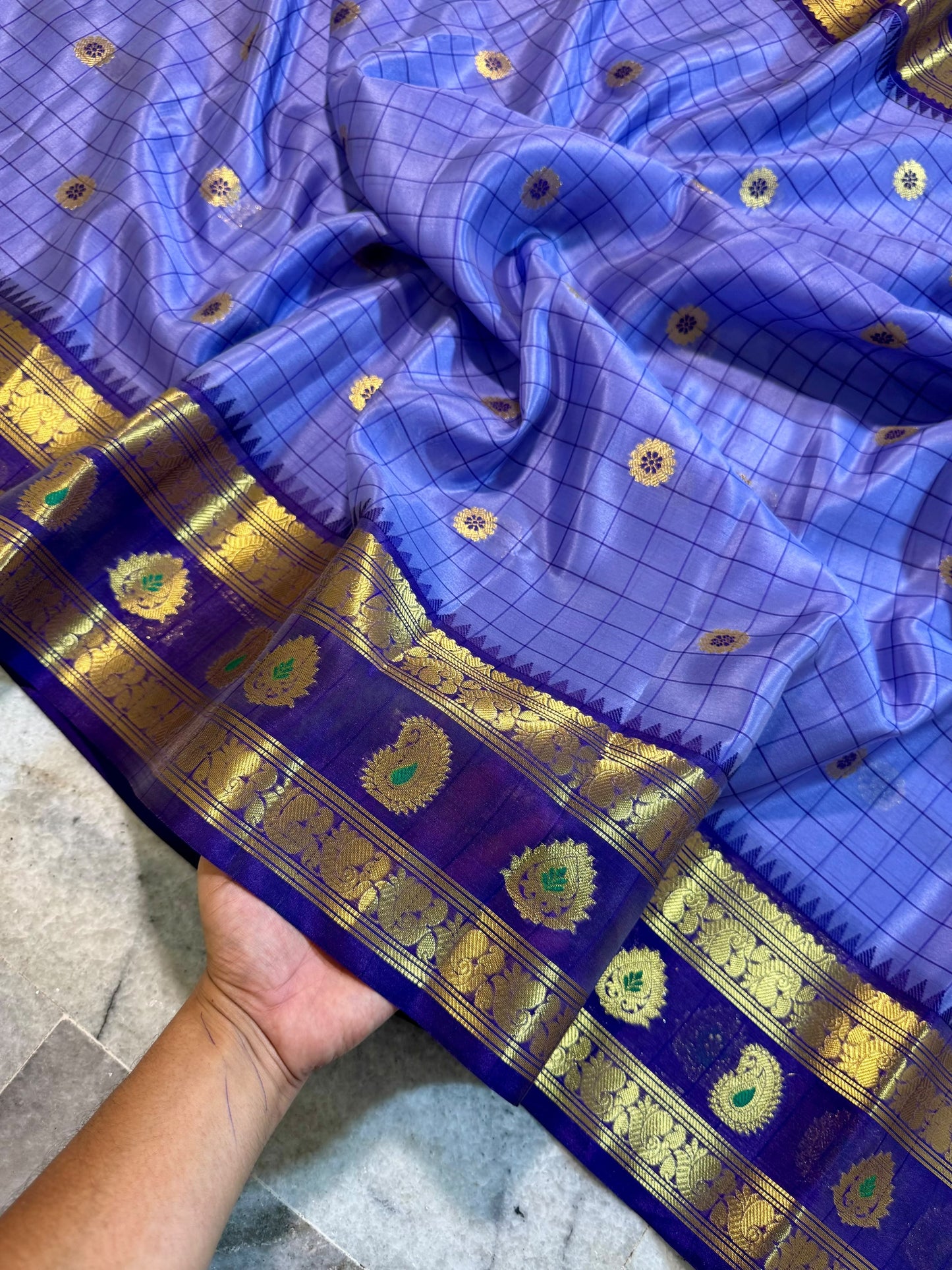Periwinkle Blue Banarasi Silk Saree with Purple Temple Border & Gold Zari Paisley Weaving