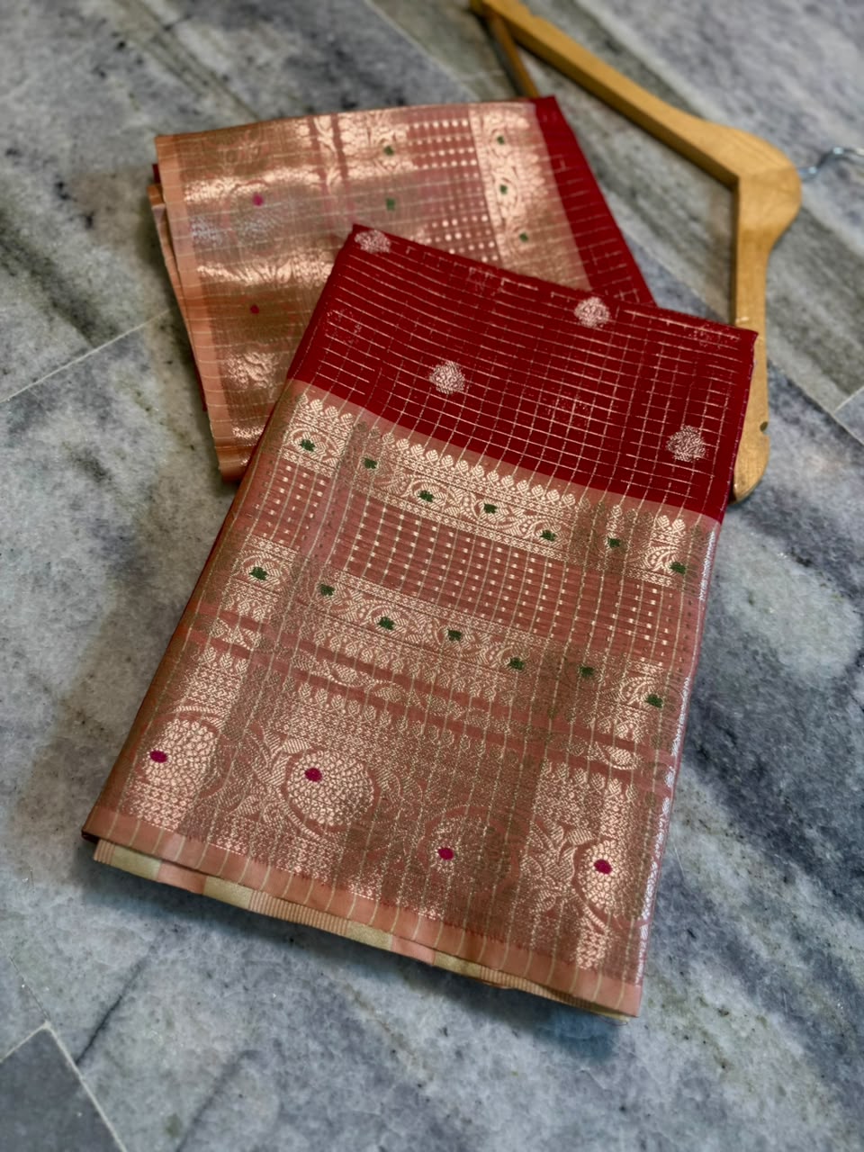 Vibrant Red Banarasi Silk Saree with Gold & Silver Zari Checks and Tissue Border