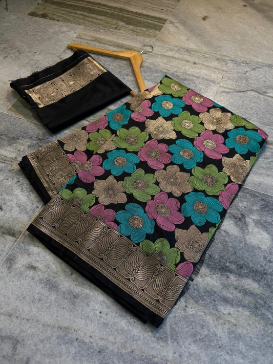 Black Nita Ambani Inspired Mashru Silk Saree with Multicolor Floral Weaving & Antique Gold Zari Border