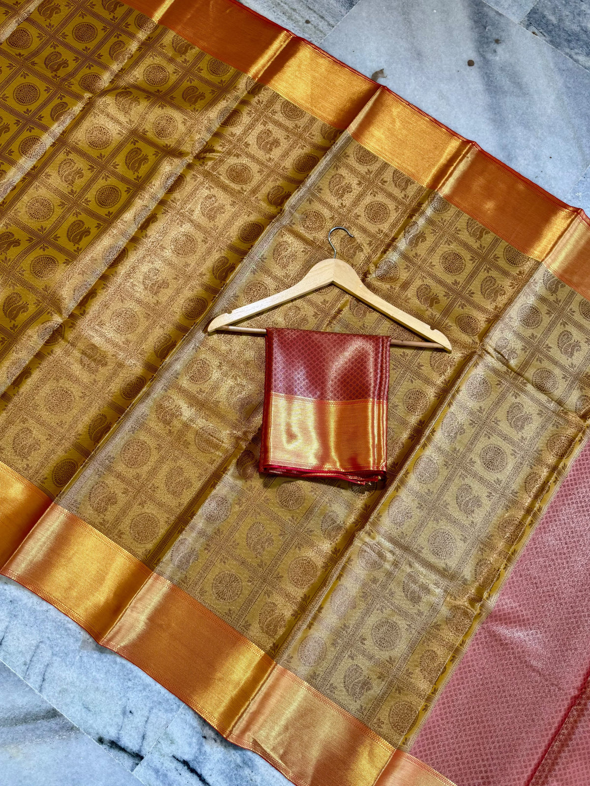 Nita Ambani Inspired Gold Tissue Silk Saree with Maroon Brocade Border & Mandala Zari Weaving