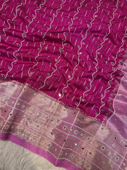 Pink Chinya Silk Saree with Mirror & Pearl Work | Designer Festive Saree