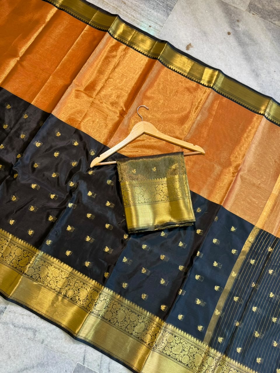 Black & Copper Orange Soft Tissue Saree with Gold Zari Floral Border | Festive & Wedding Saree