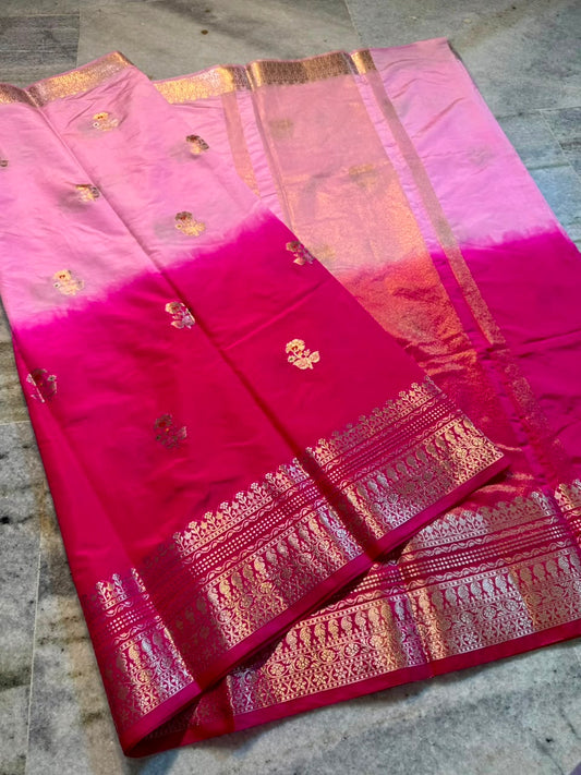 Raw Mango Baby Pink and Rani Pink Silk Saree | Festive Dual Tone Zari Border Saree