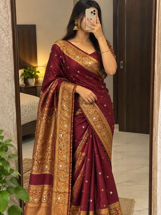 Maroon Tissue Silk Saree with Ghungroo, Mirror & Moti Work | Rich Golden Zari Designer Saree for Wedding & Festive Wear