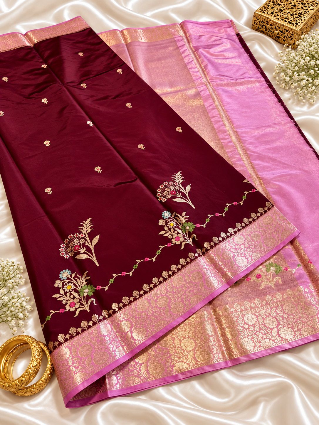 Wine Katan Silk Saree with Rani Pink Golden Zari Border & Floral Work | Contrast Blouse | Wedding Festive Saree