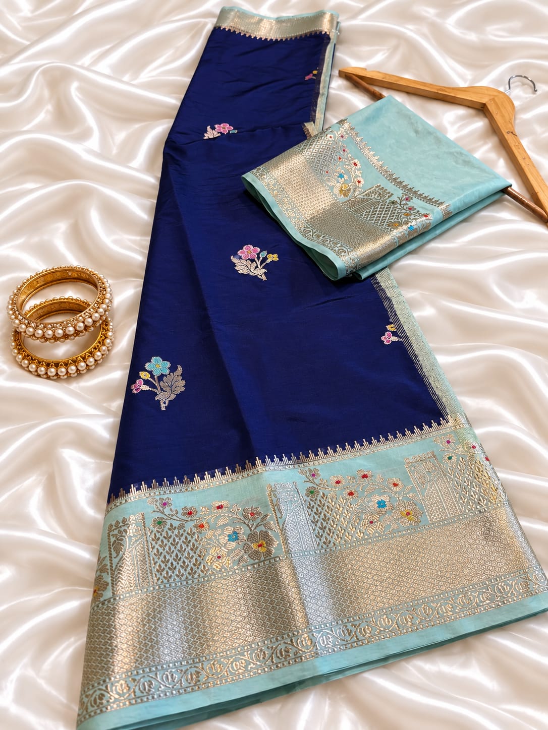 Navy Blue & Pastel Blue Banarasi Silk Saree with Floral Zari Weave & Designer Border
