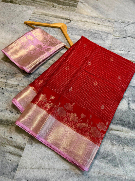 Red Katan Silk Saree with Pink Zari Border & Floral Weave | Traditional Indian Saree