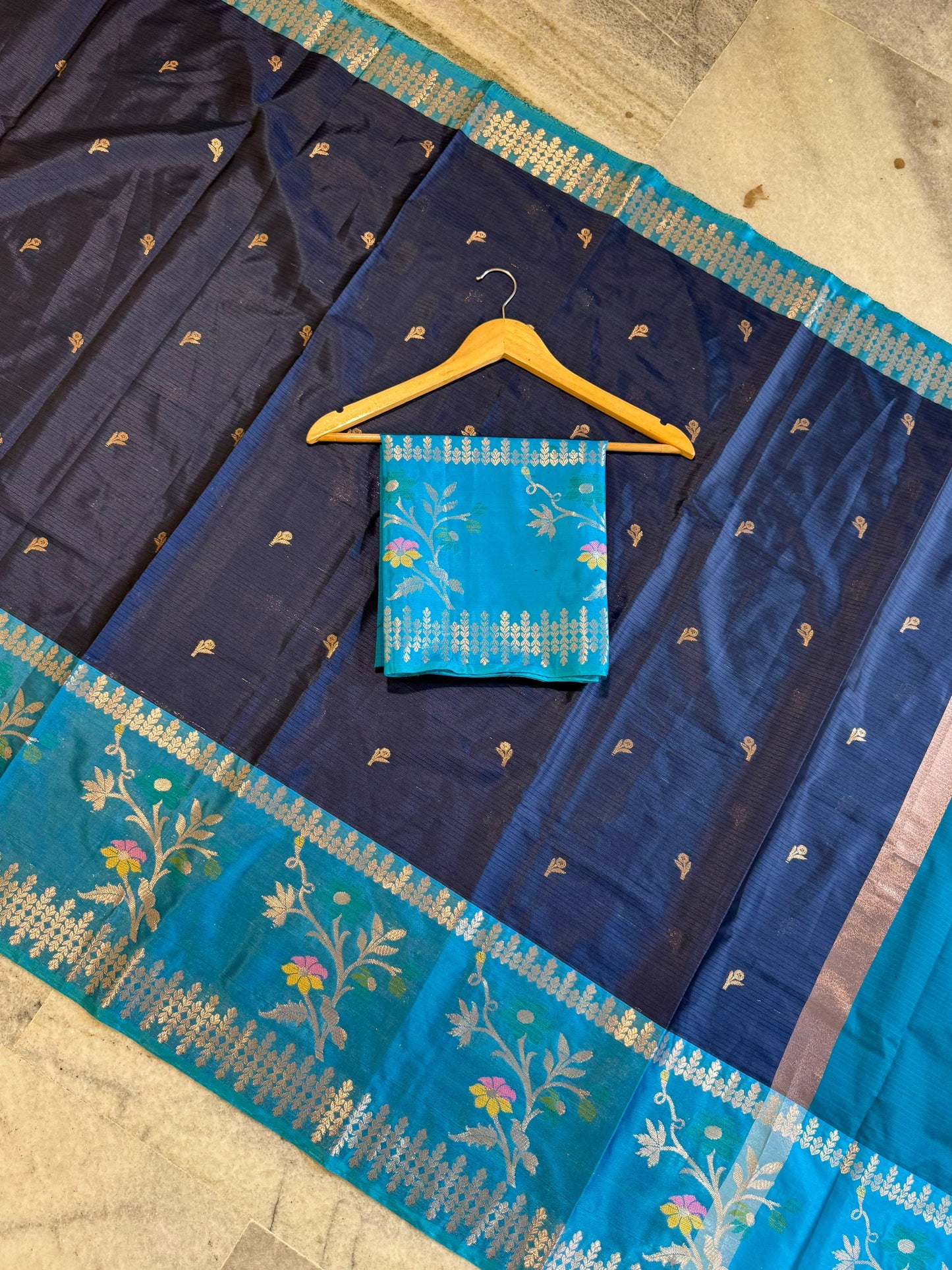 Royal Navy Blue & Sky Blue Soft Silk Saree with Floral Zari Border