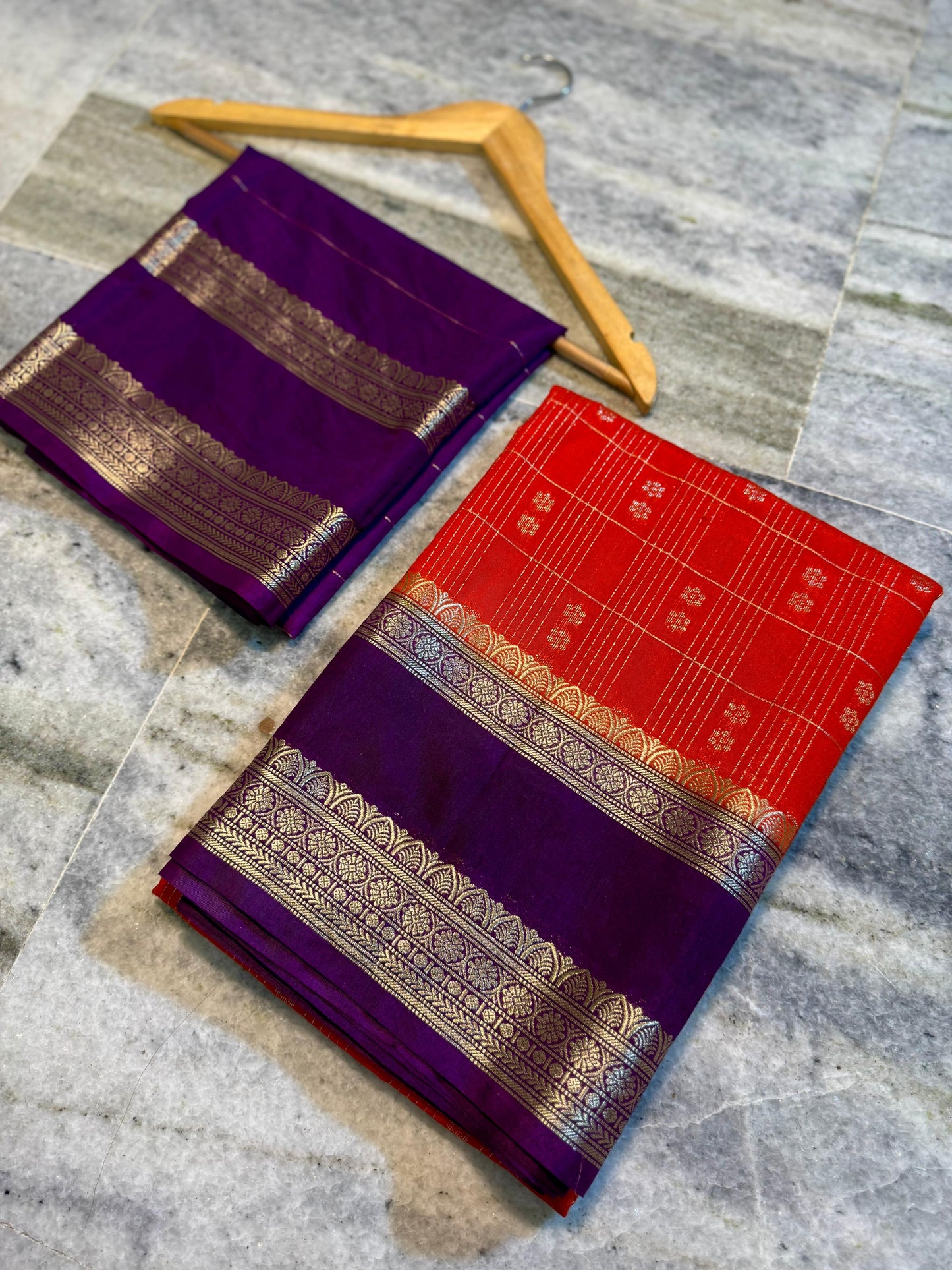Red & Purple Pure Chinia Silk Saree with Gold Zari Border | Contrast Blouse