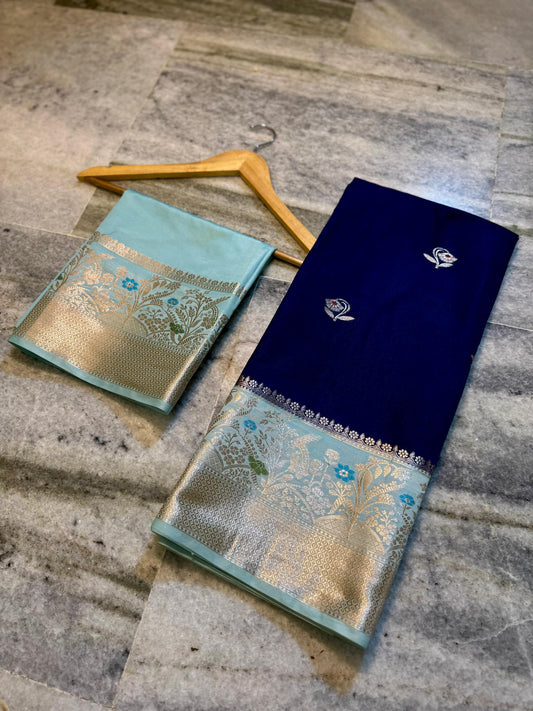 Royal Navy Blue Dupion Silk Saree with Ice Blue Border & Rose Gold Zari Meenakari Weaving