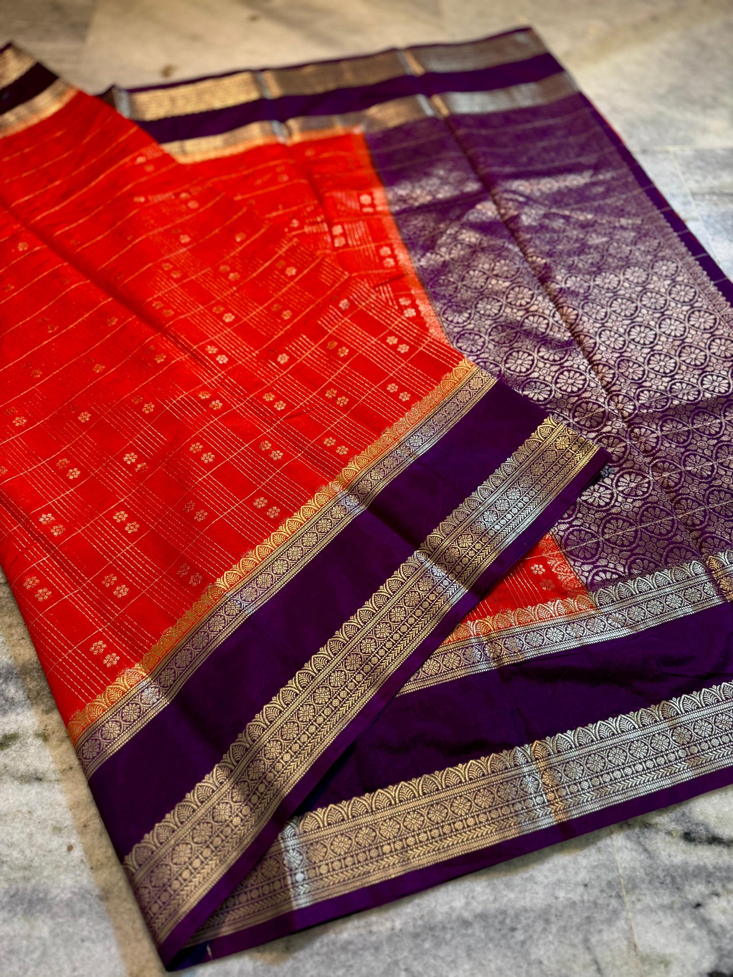 Red & Purple Pure Chinia Silk Saree with Gold Zari Border | Contrast Blouse