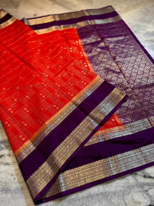 Red & Purple Pure Chinia Silk Saree with Gold Zari Border | Contrast Blouse