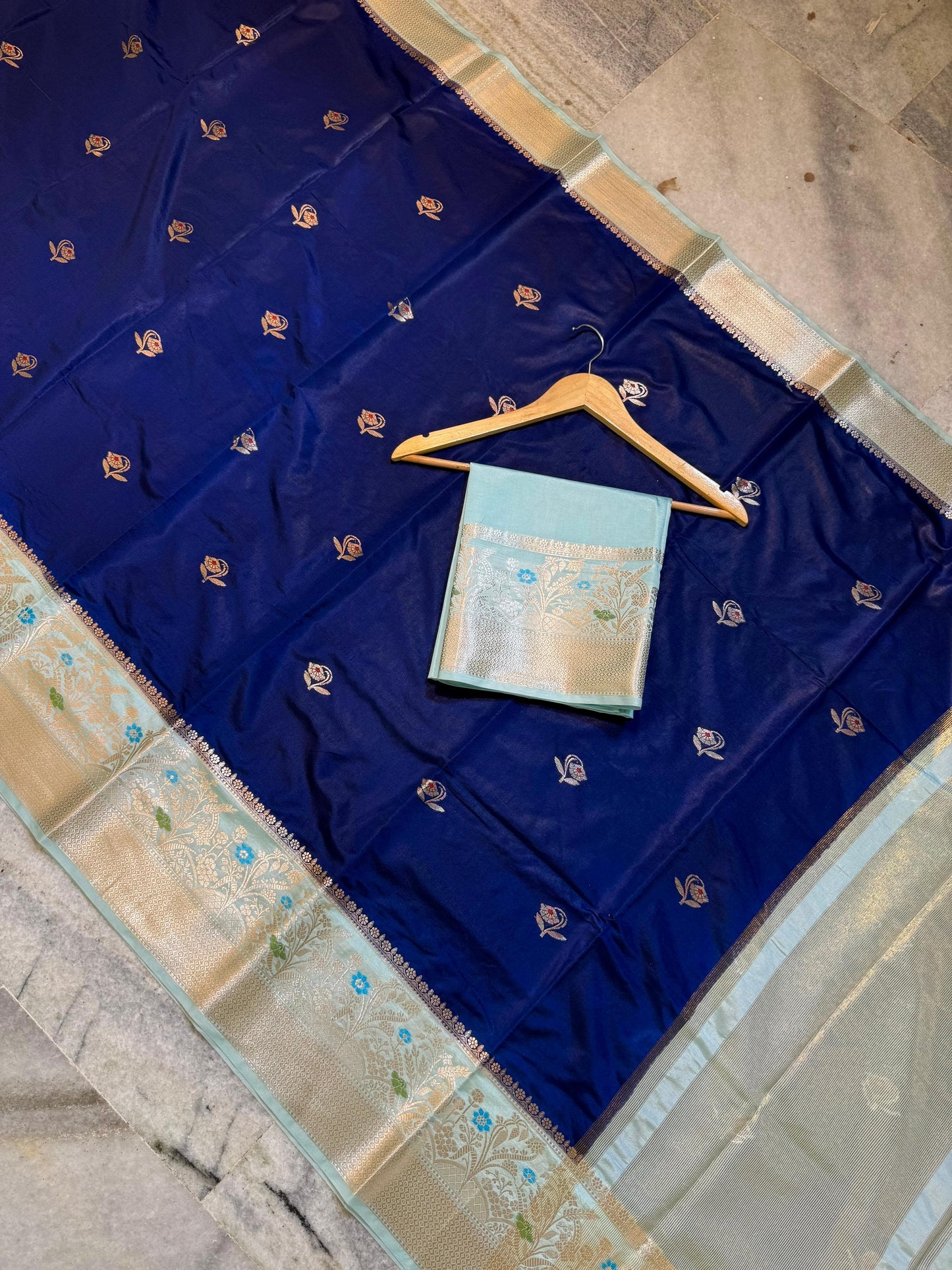 Royal Navy Blue Dupion Silk Saree with Ice Blue Border & Rose Gold Zari Meenakari Weaving