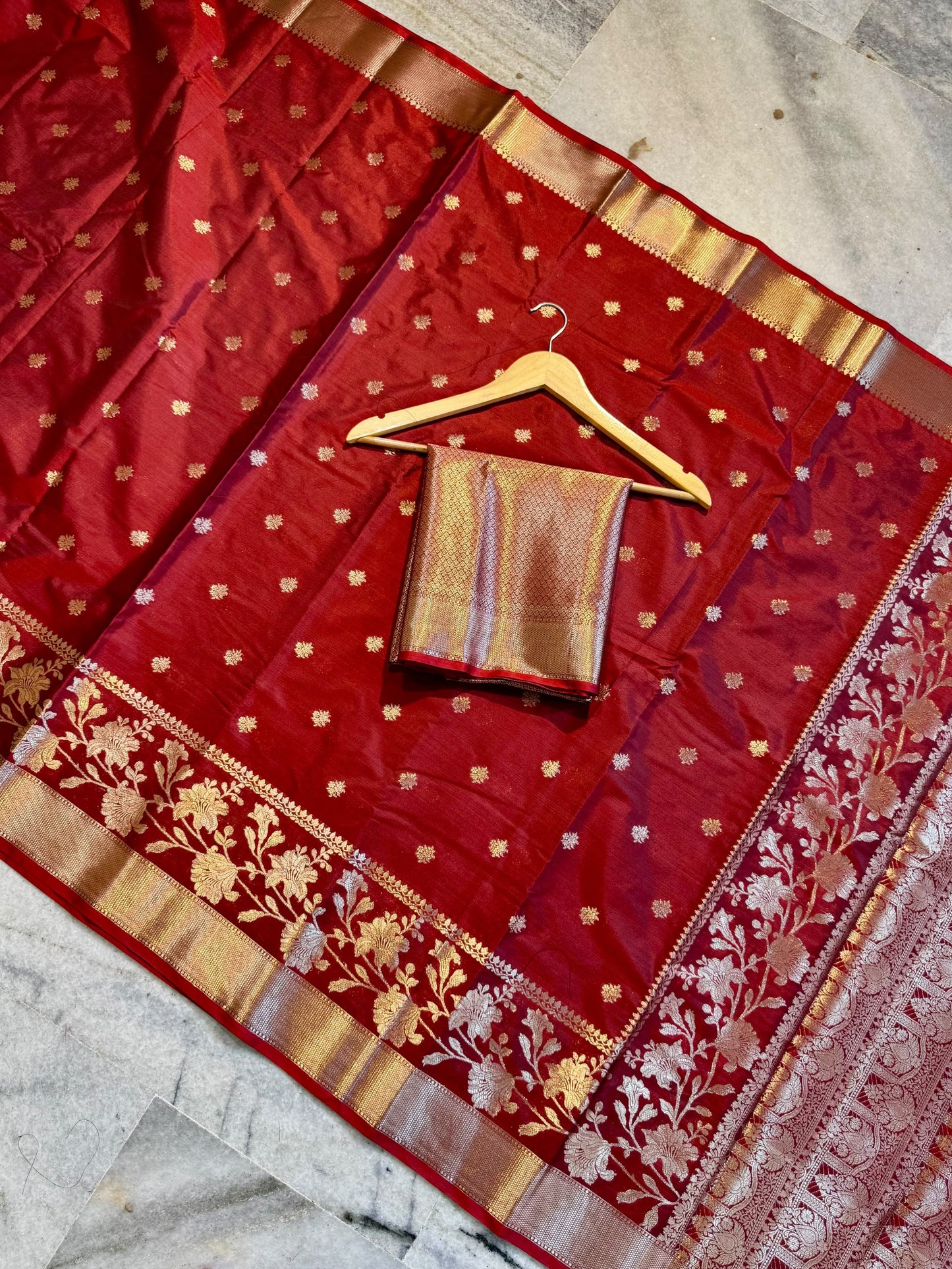 Crimson Red Soft Silk Saree with Gold & Silver Floral Zari Weaving