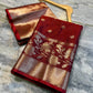 Crimson Red Soft Silk Saree with Gold & Silver Floral Zari Weaving