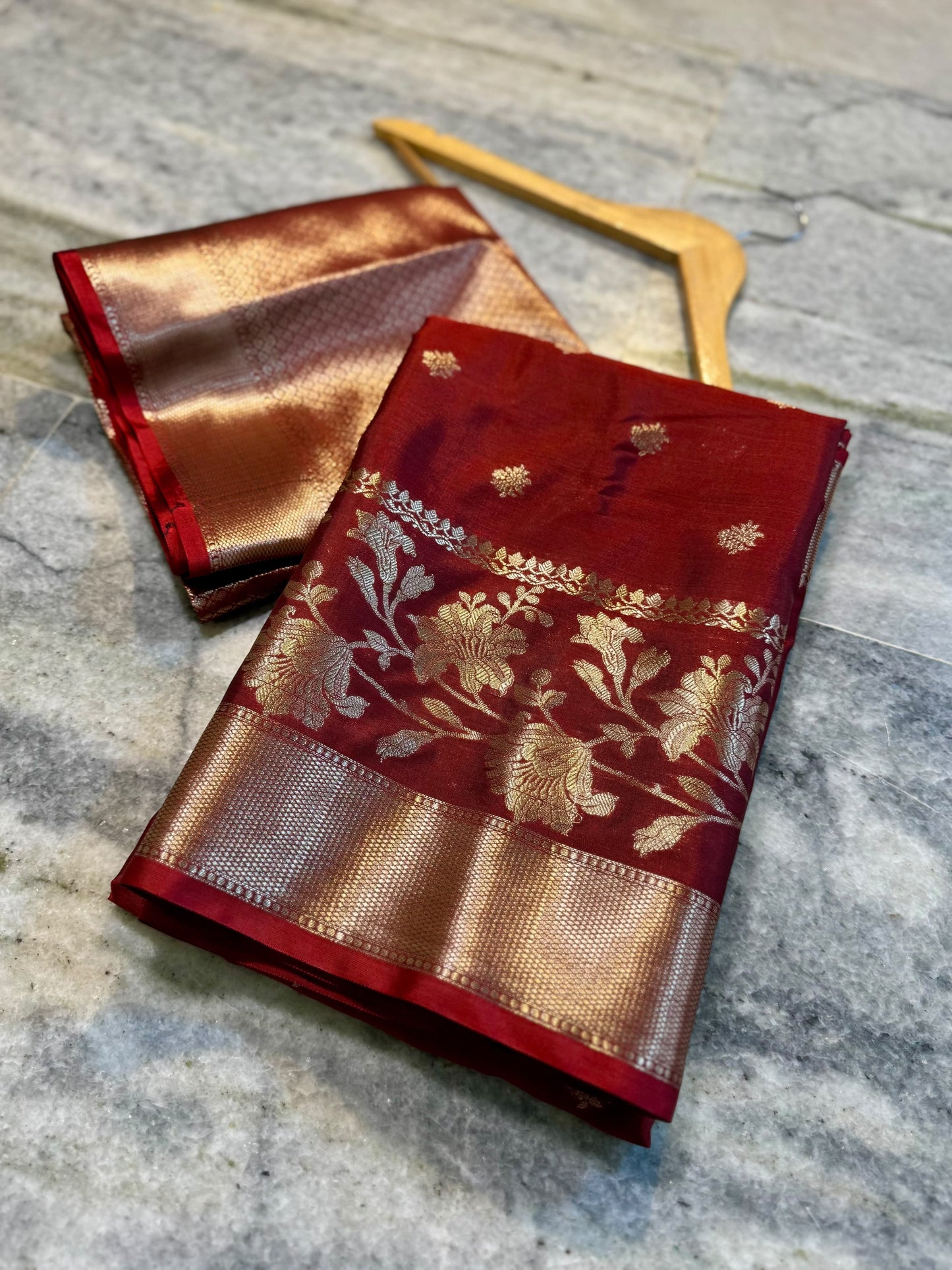 Crimson Red Soft Silk Saree with Gold & Silver Floral Zari Weaving