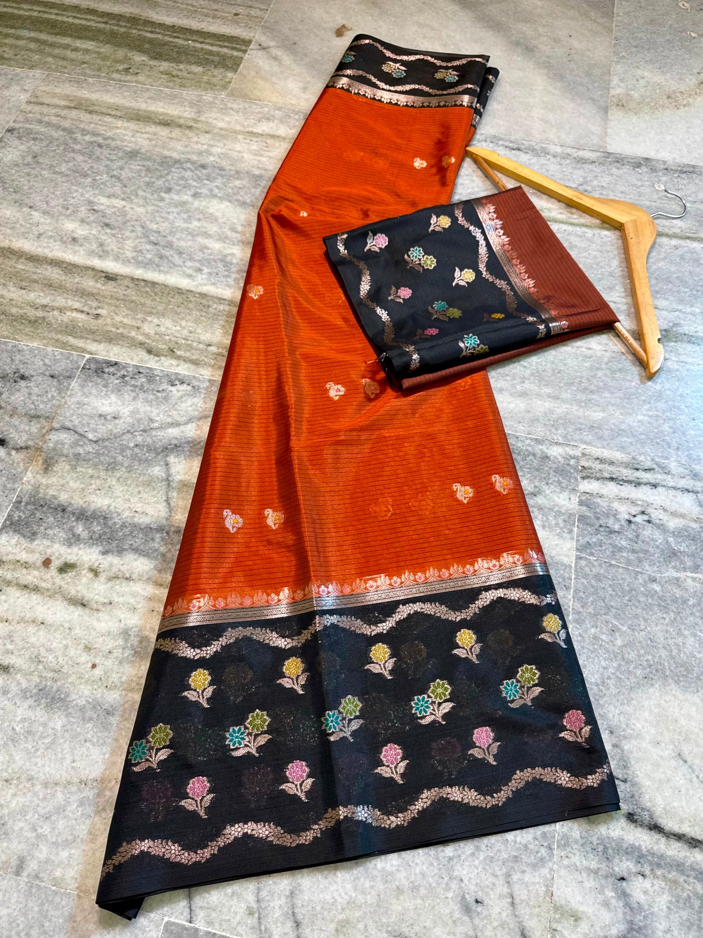 Rust Orange & Black Banarasi Soft Katan Silk Saree with Meenakari Floral Border