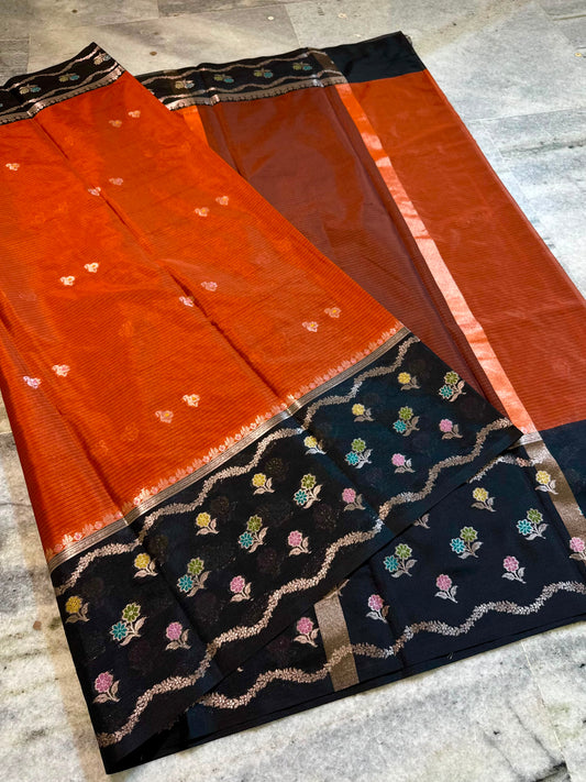Rust Orange & Black Banarasi Soft Katan Silk Saree with Meenakari Floral Border