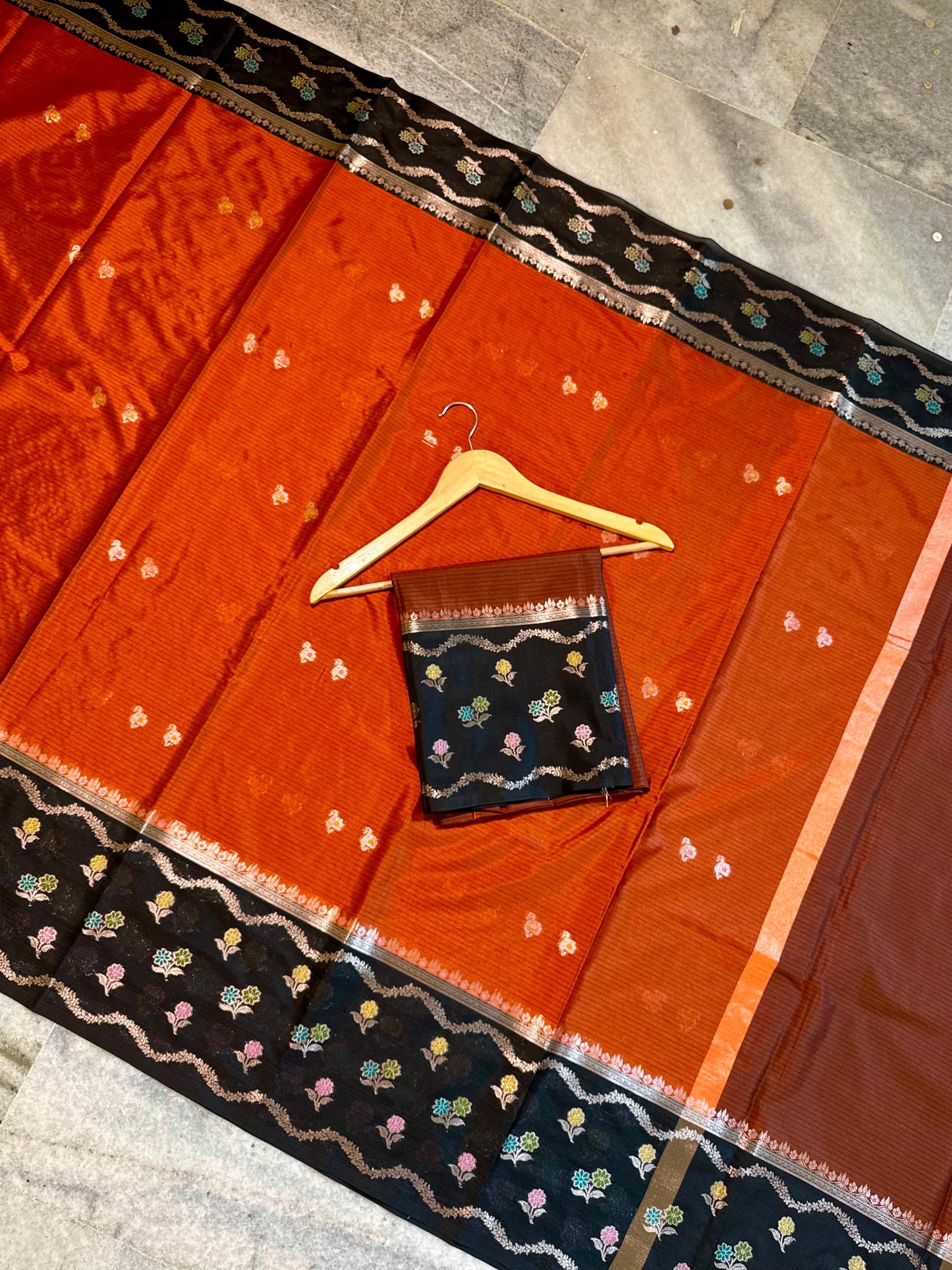 Rust Orange & Black Banarasi Soft Katan Silk Saree with Meenakari Floral Border