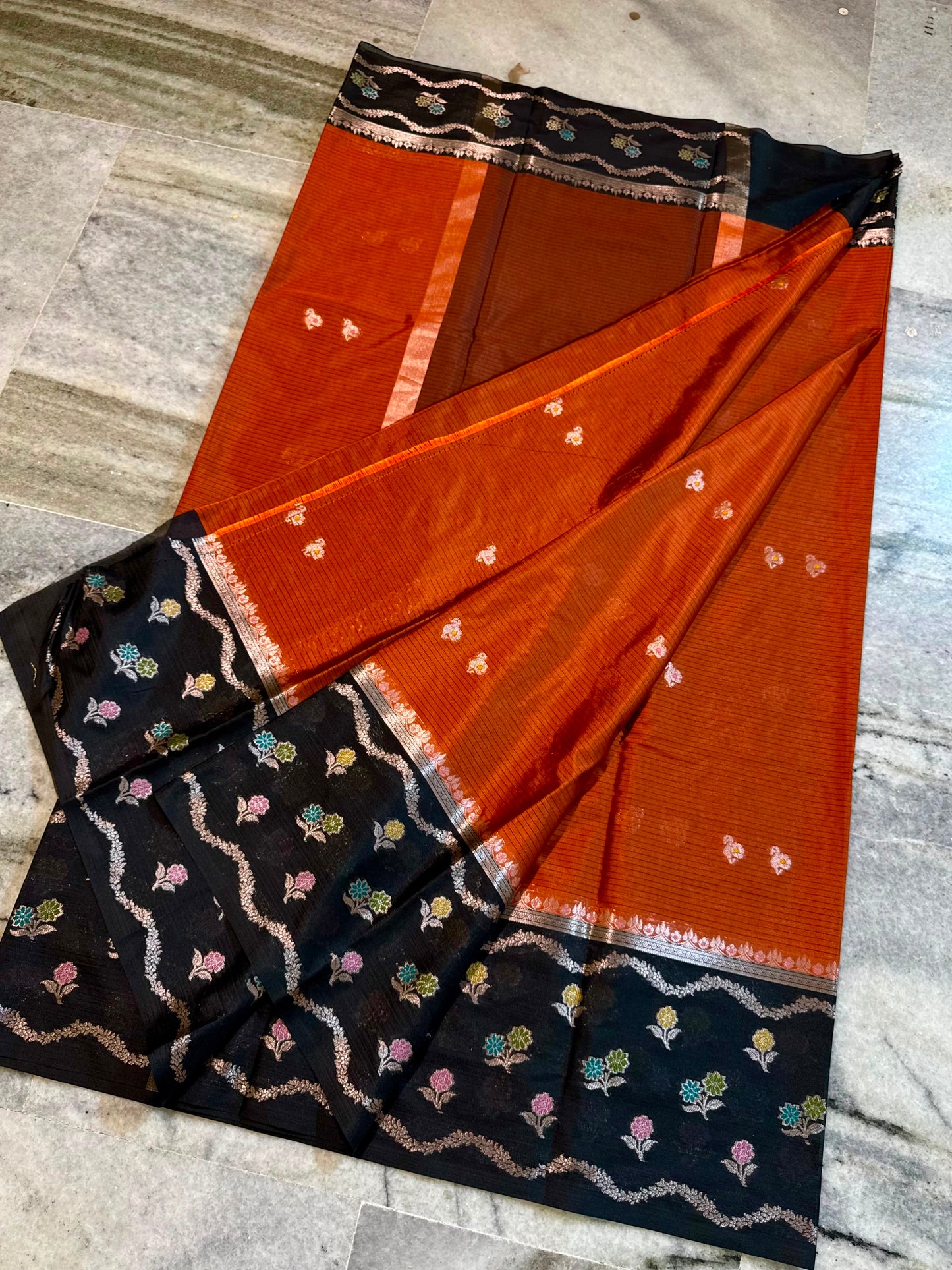 Rust Orange & Black Banarasi Soft Katan Silk Saree with Meenakari Floral Border