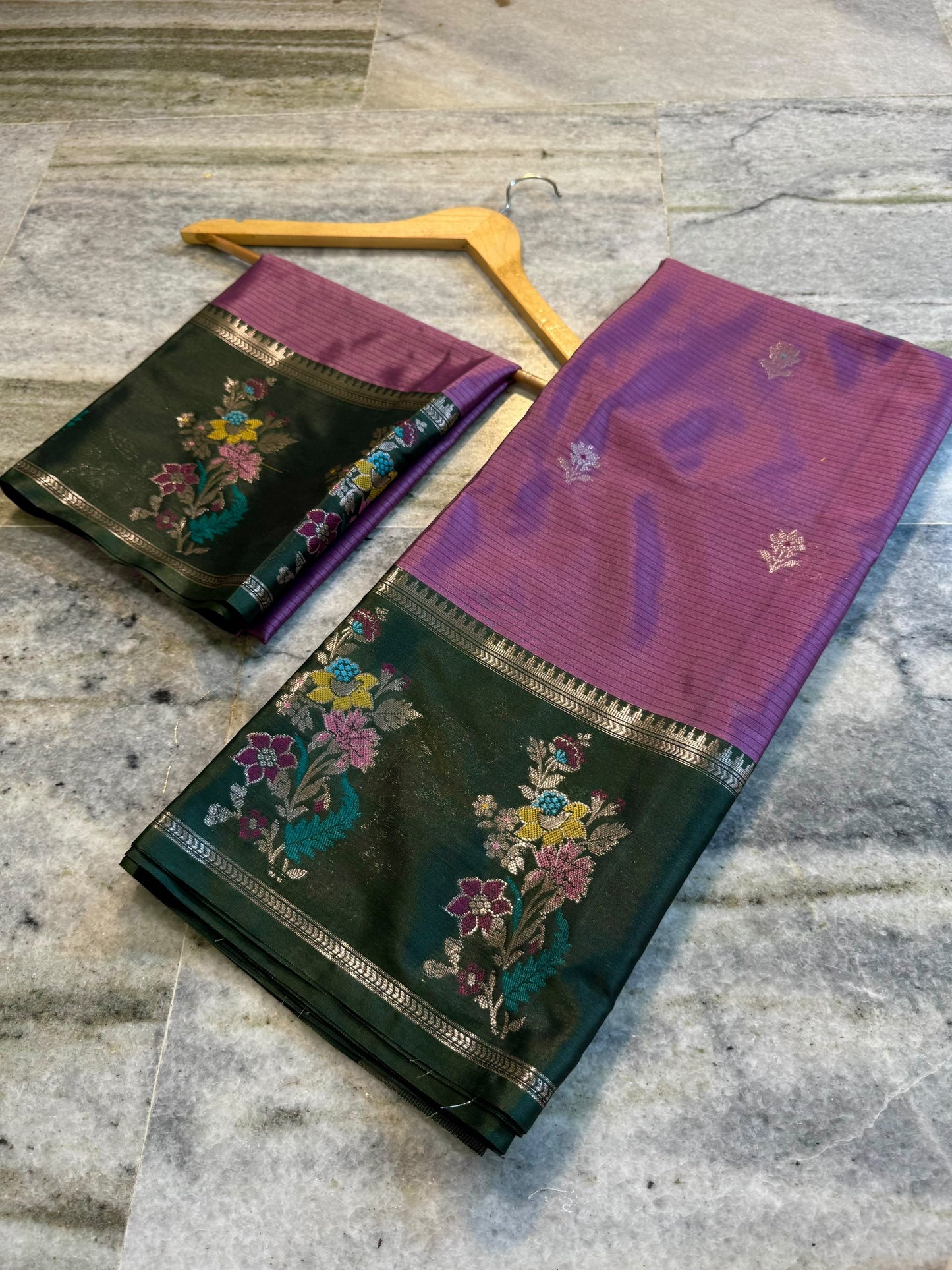 Onion Pink & Dark Green Soft Silk Saree with Meenakari Floral Border