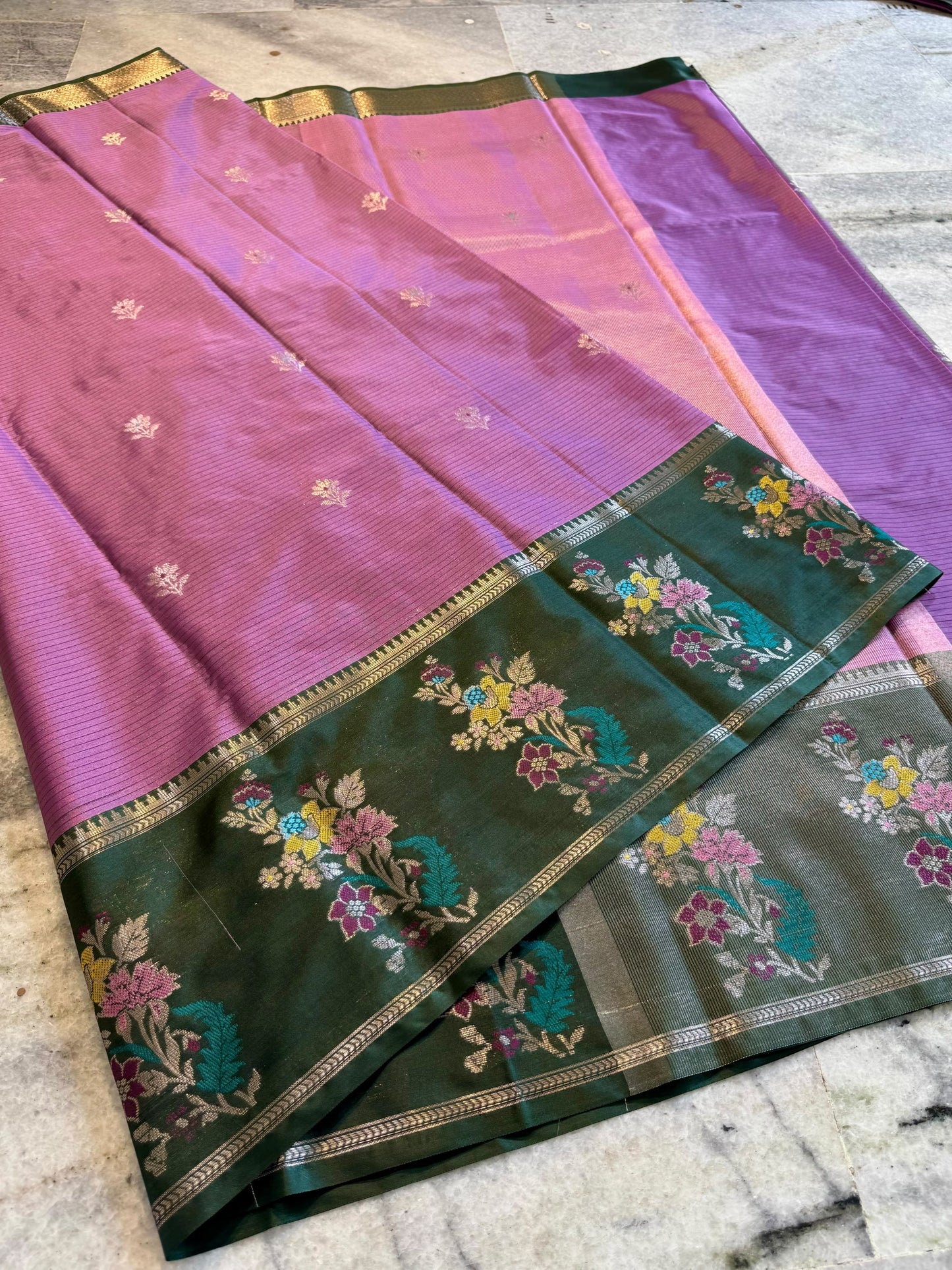 Onion Pink & Dark Green Soft Silk Saree with Meenakari Floral Border