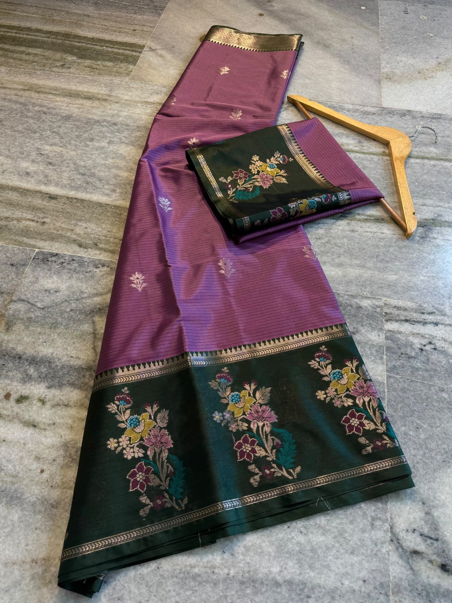 Onion Pink & Dark Green Soft Silk Saree with Meenakari Floral Border