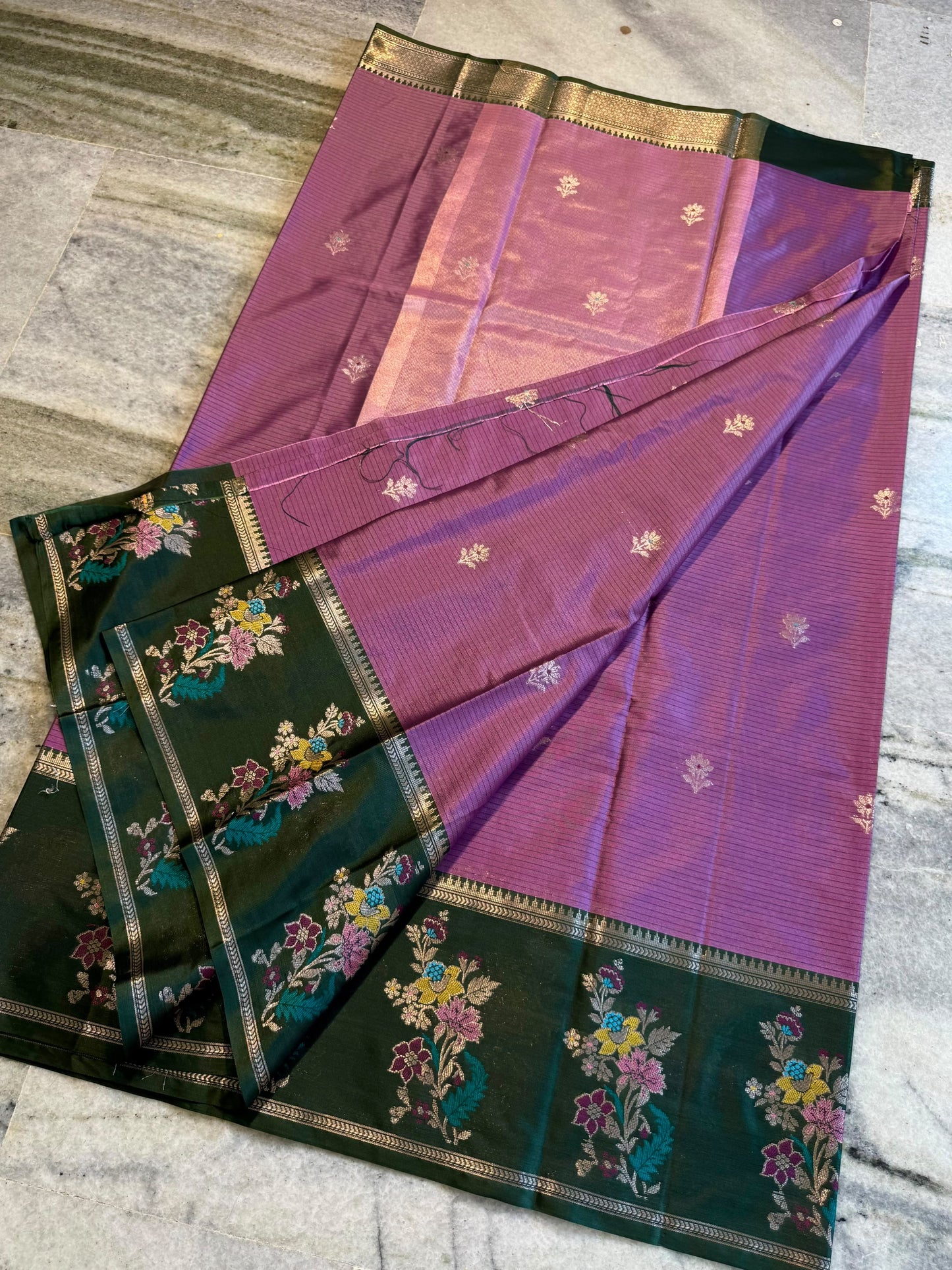 Onion Pink & Dark Green Soft Silk Saree with Meenakari Floral Border