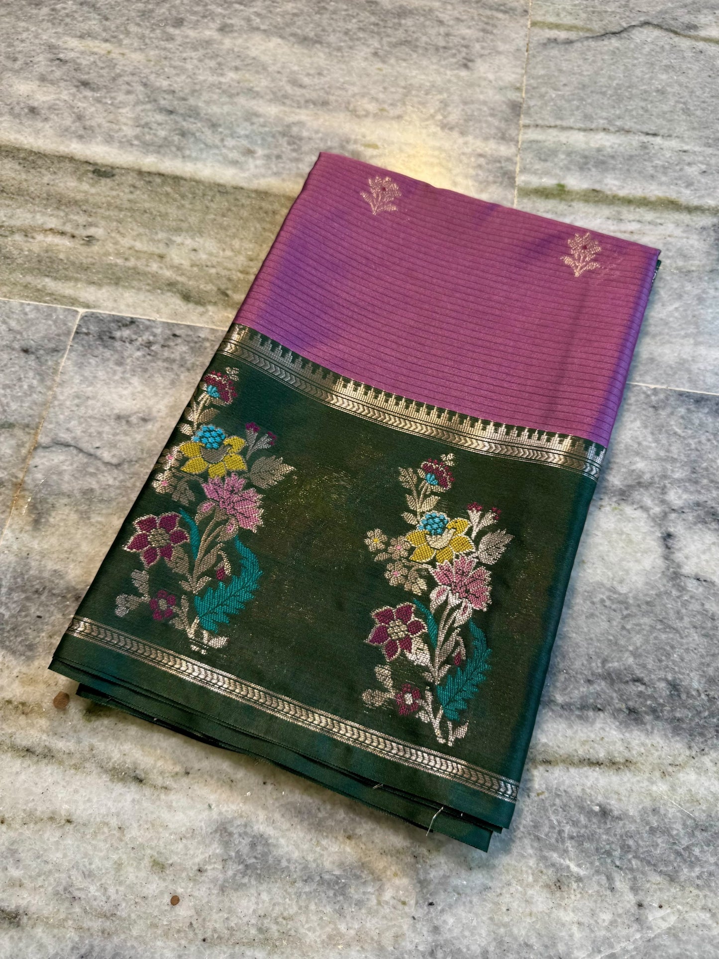 Onion Pink & Dark Green Soft Silk Saree with Meenakari Floral Border