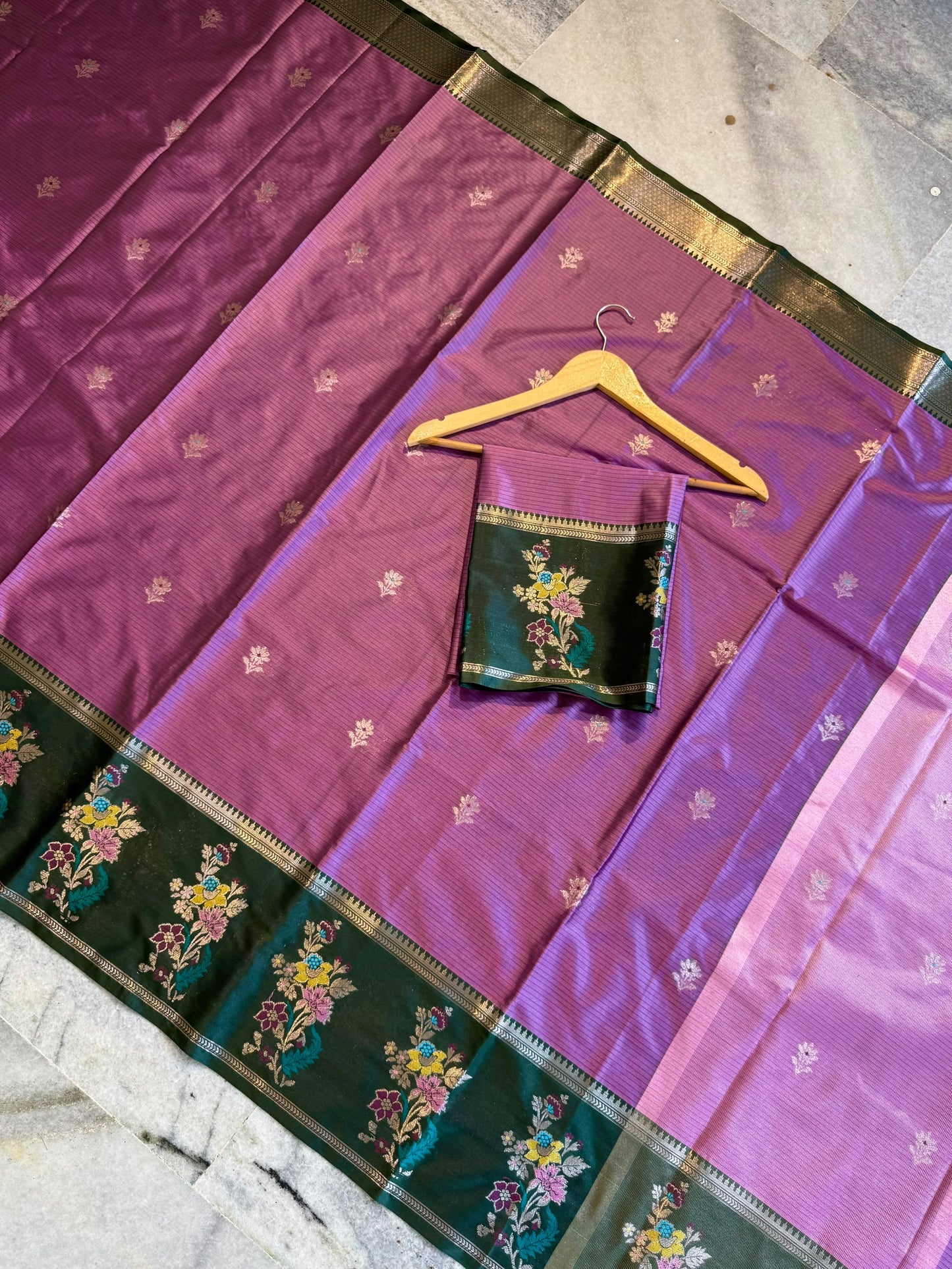 Onion Pink & Dark Green Soft Silk Saree with Meenakari Floral Border