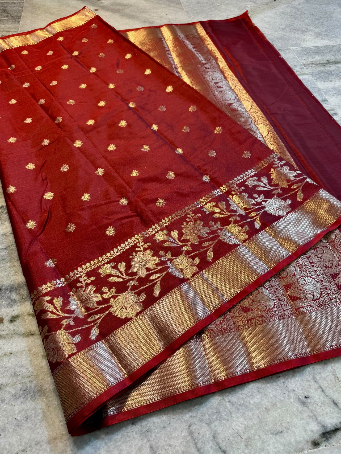 Crimson Red Soft Silk Saree with Gold & Silver Floral Zari Weaving