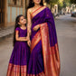 Royal Purple Soft Silk Saree with Orange Contrast Border & Meenakari Floral Lotus Zari Weaving